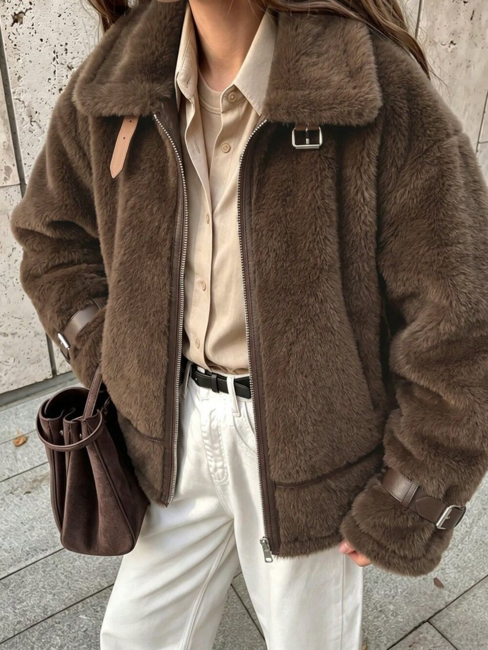 Brown Casual Women's Faux Funnel Zip-Up Loose Regular Midi Plain Outerwear